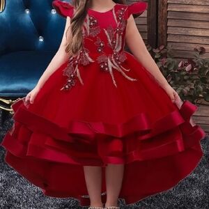 Elegant Red Formal Kids Dress with Floral Embroidery